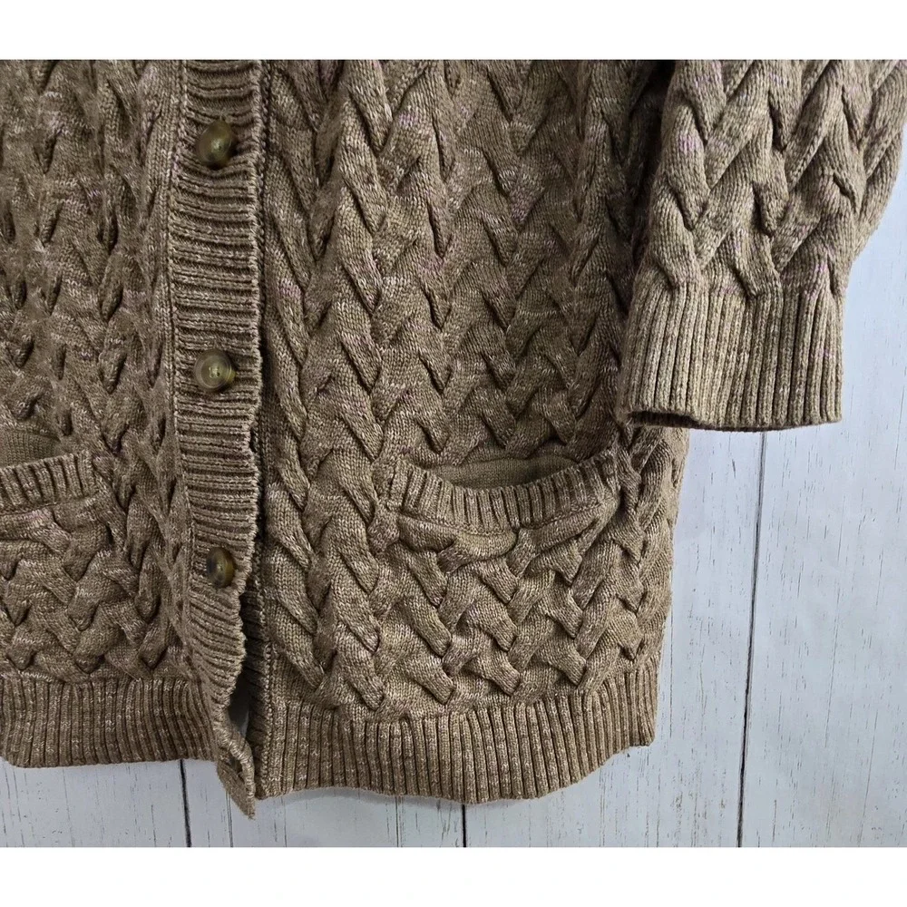 Lands End Drifter Cardigan Sweater Womens 2X Brown Cable Knit Shawl Neck Cotton